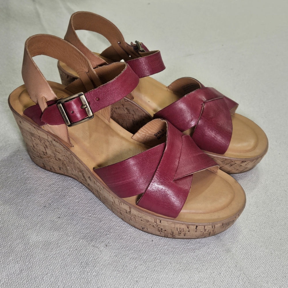Kork Ease Red Leather Cork High Wedge Heel Sandals Buckle Strap Size 9